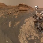 Curiosity poses for a selfie next to Mont Mercou on Mars. The rover took 60 images with its robotic arm and another 11 with its head. The image shows the composite of those pictures.