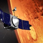 A 2019 illustration showing the MAVEN spacecraft orbiting Mars. The MAVEN mission is collecting information about Mars's atmosphere.