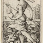 A 16th-century engraving of Venus by the German artist Sebald Beham. The engraving connects the Roman goddess Venus with the zodiac and was part of a larger series about the planets.