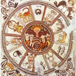 A zodiac wheel that dates back to the 6th century. The mosaic, done in the Byzantine style, decorated the floor of the Beth Alpha synagogue in modern Israel.