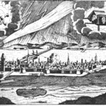 The English weren't the only ones terrified by comets. This 1687 woodcut shows a comet appearing over a Hungarian town occupied by the Ottomans. The sky contains a skull and crossbones, a coffin, and a thunderstorm to link the comet with death and destruction.