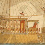 An image of an Egyptian ship shows the mix of oar power and sail. Egyptian ship