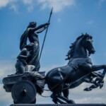 The statue of Boudicca with her two daughters sits across from Parliament and Big Ben in London.