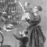 An 1870 engraving shows an American family decorating their Christmas tree with candles and toys. The mid-1800s were a turning point where Christmas trees became popular in America.