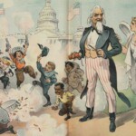 A 1902 cartoon shows Uncle Sam telling a worried Lady Peace, "It's all right. There's no fighting. The noise you hear is just my family celebrating!"