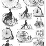 The many different versions of early bicycles, including Drais's "running machine" and the penny-farthing.