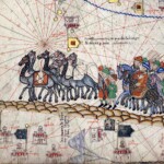 A 1375 map shows Marco Polo and other Venetian merchants crossing the Silk Road on a camel-led caravan.