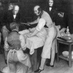 Dr. Robert Liston performs an operation with a crowd of spectators. One of Liston's operations reportedly had a 300% mortality rate.