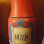An 18th-century apothecary container selling "mumia," the name for ground mummies used in medical treatments.