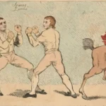An 18th-century representation of different sports shows Foster Powell, the famous
pedestrian, walking as two boxers compete next to him. British Museum