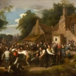 An 1818 painting by Alexander Carse captured dozens of Scottish villagers
competing in the ‘ba game. McManus Gallery